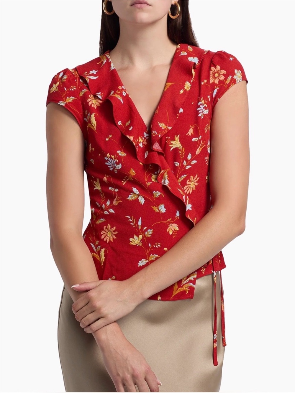 Reformation Red Floral Tie-Waist Wrap Top